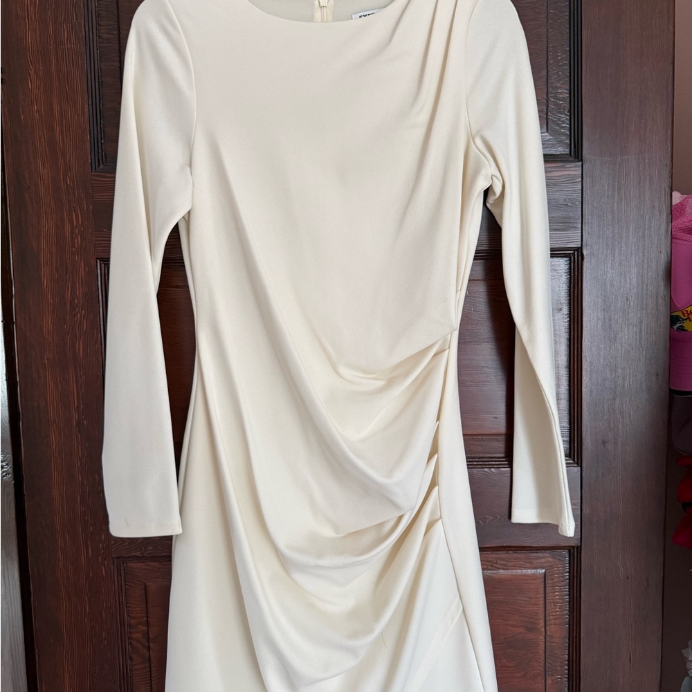 Express Cream Draped Long Sleeve Dress